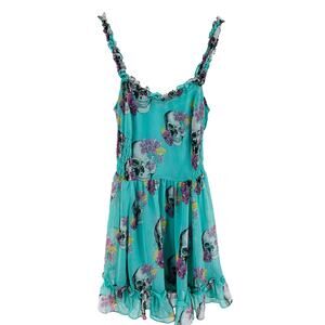 Royal Bones by Daang Aqua Blue Ruffle Dress - Skull & Roses - Juniors Size Small